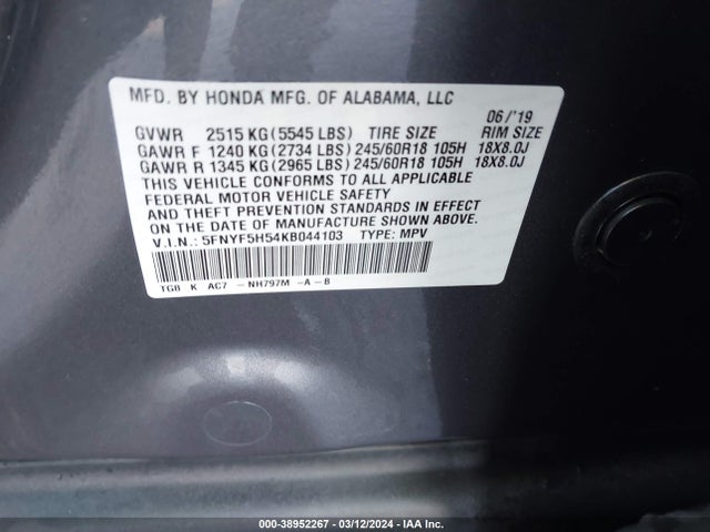Honda Pilot Ex-l 2019 5FNYF5H54KB044103 Image 9