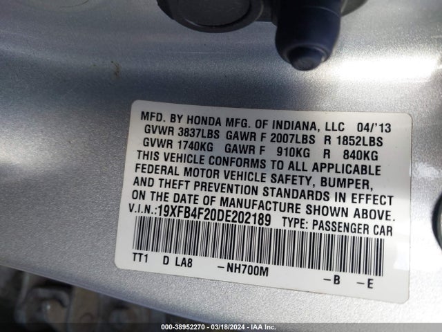 Продажа на аукционе авто 2013 Honda Civic Hybrid, vin: 19XFB4F20DE202189, номер лота: 38952270