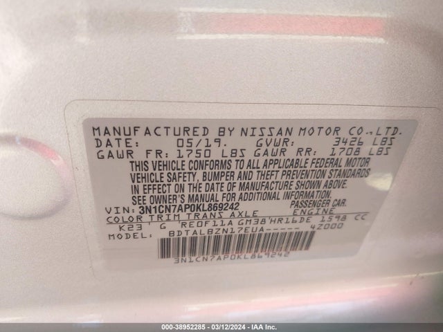 Nissan Versa 1.6 Sv 2019 3N1CN7AP0KL869242 Image 9
