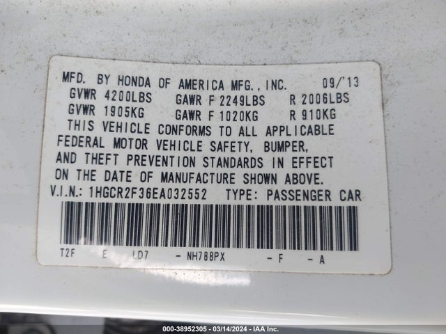 Honda ACCORD LX 2014 1HGCR2F36EA032552 Image 9