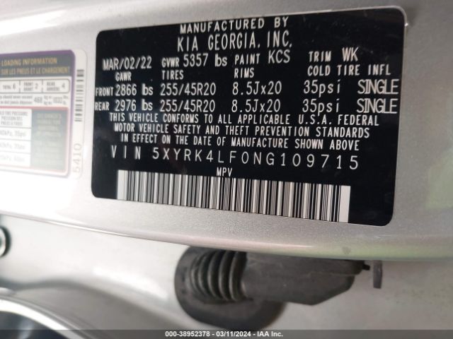 5XYRK4LF0NG109715 KIA SORENTO SX