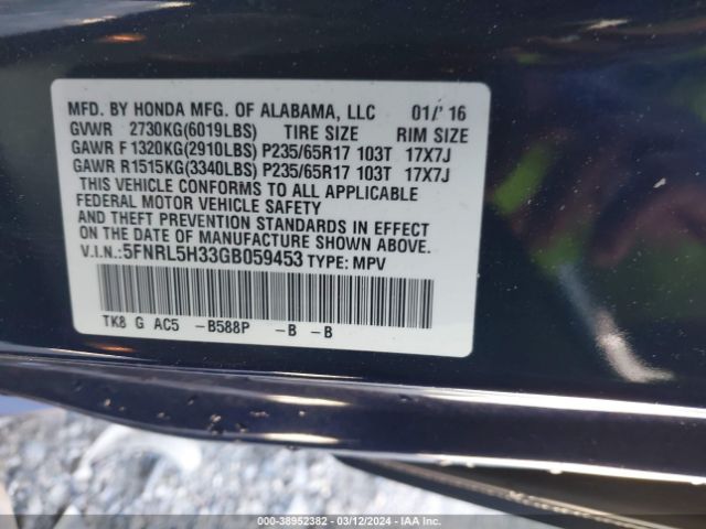5FNRL5H33GB059453 Honda ODYSSEY SE