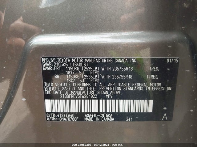 Toyota Rav4 Limited 2015 2T3DFREV5FW281922 Image 9