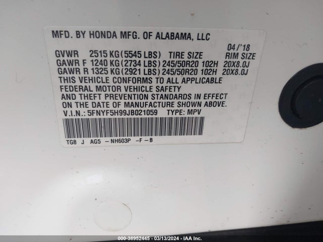 Honda Pilot Touring 2018 5FNYF5H99JB021059 Image 9