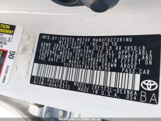 Toyota COROLLA LE 2019 5YFBURHE8KP878799 Image 9