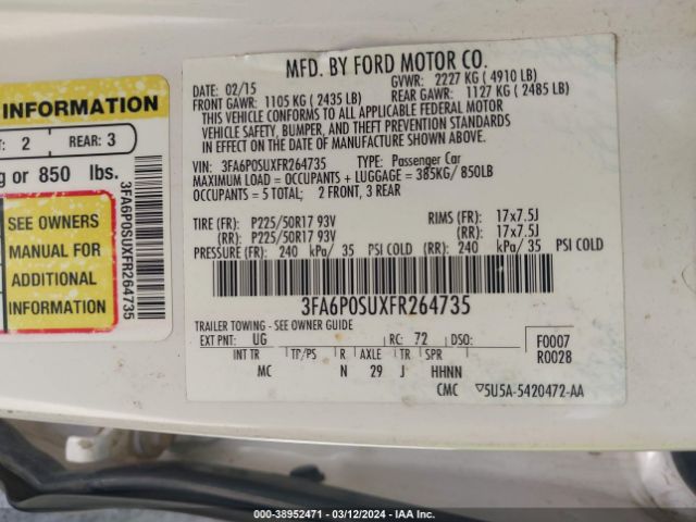 3FA6P0SUXFR264735 Ford Fusion Energi Titanium