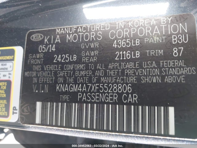 KIA Optima Lx 2015 KNAGM4A7XF5528806 Image 9