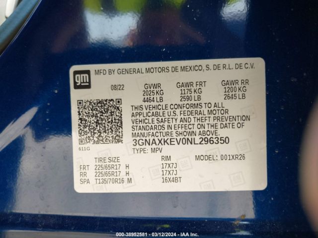 3GNAXKEV0NL296350 Chevrolet Equinox Fwd Lt