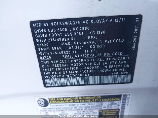 2012 VOLKSWAGEN TOUAREG WVGEK9BP5CD006951 Photo 8