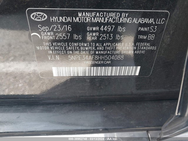 Hyundai Sonata Limited 2017 5NPE34AF8HH504088 Image 9
