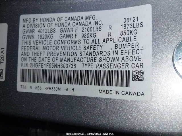 Honda Civic Touring 2022 2HGFE1F95NH303738 Image 9