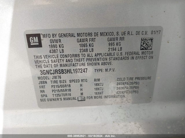 Chevrolet Trax Premier 2017 3GNCJRSB3HL197247 Image 9