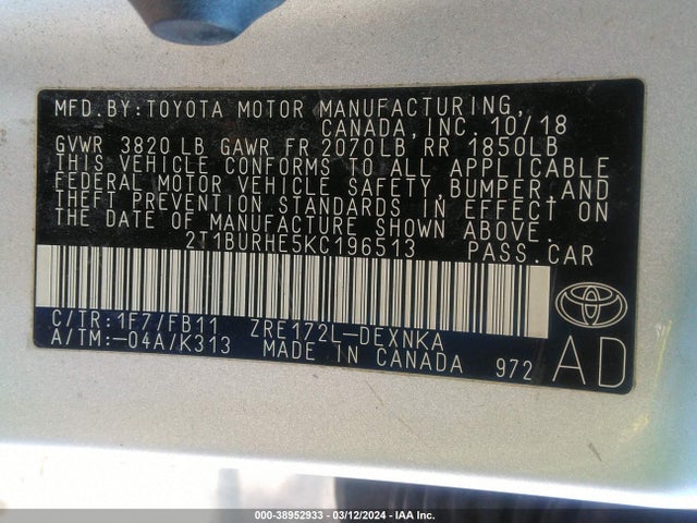 Toyota COROLLA LE 2019 2T1BURHE5KC196513 Image 9