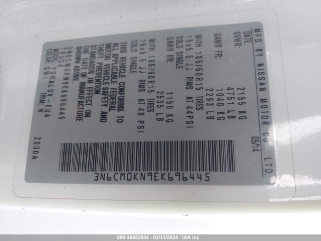Nissan Nv200 S 2014 3N6CM0KN9EK696445 Image 9
