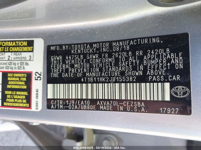 Toyota CAMRY SE 2018 4T1B11HK2JU155382 Image 9