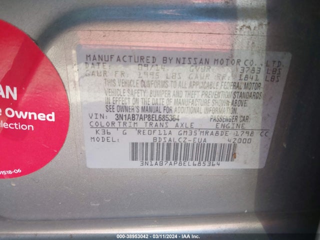 Nissan SENTRA S 2014 3N1AB7AP8EL685364 Image 9