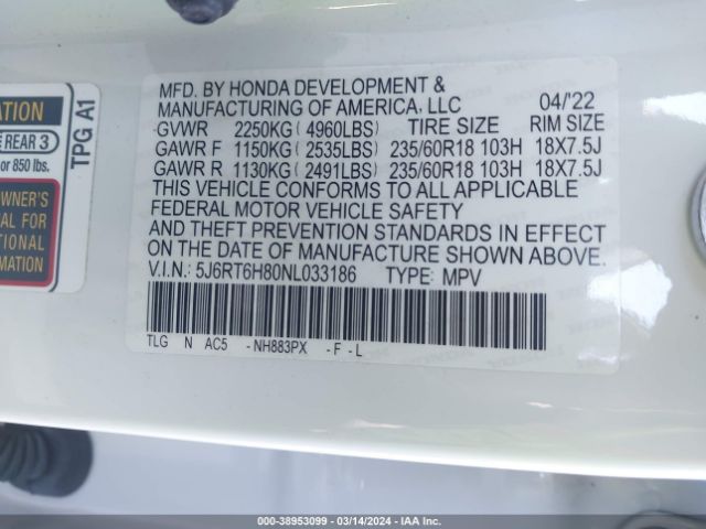 5J6RT6H80NL033186 Honda Cr-v Hybrid Ex-l
