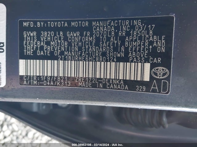 Toyota COROLLA LE 2017 2T1BURHE6HC880124 Image 9