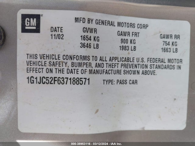 2003 CHEVROLET CAVALIER VIN: 1G1JC52F637188571