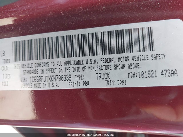 1C6SRFJTXKN700339 RAM 1500 Laramie  4x4 5'7 Box