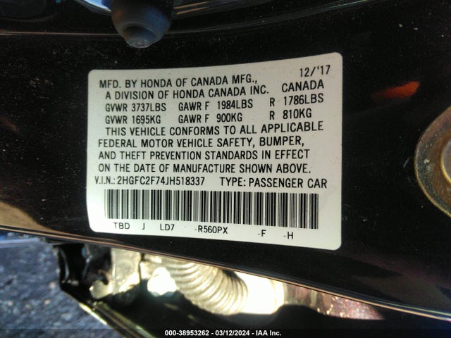 Honda CIVIC EX 2018 2HGFC2F74JH518337 Image 9
