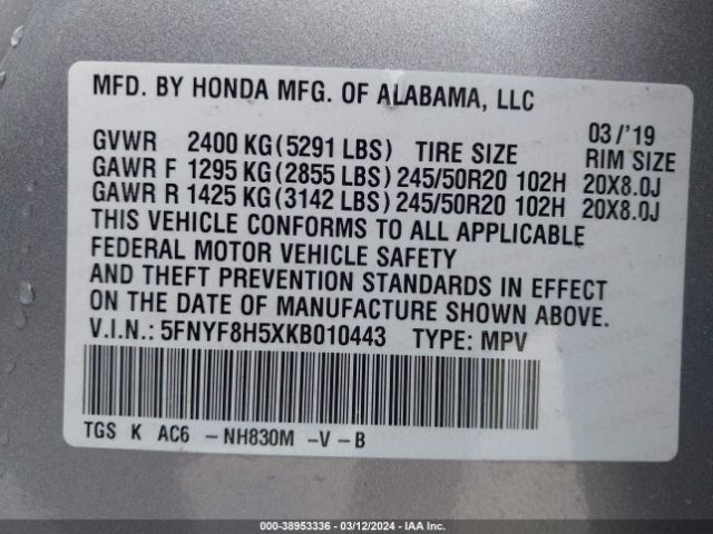 5FNYF8H5XKB010443 Honda Passport Ex-l