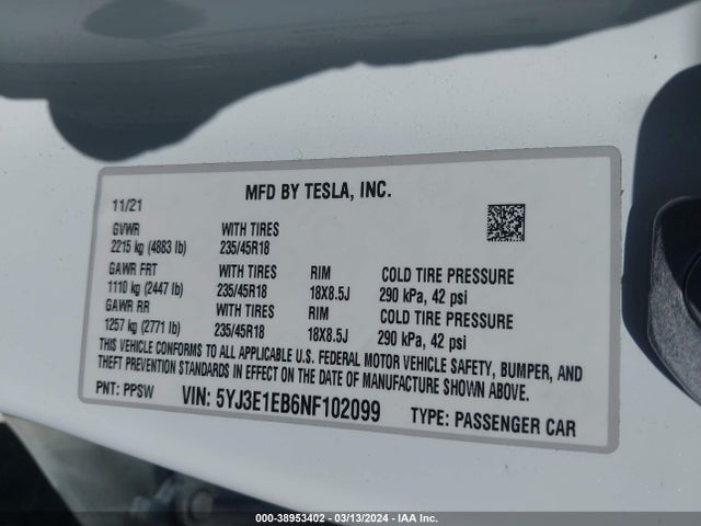 Tesla Model 3 Long Range Dual Motor All-wheel Drive 2022 5YJ3E1EB6NF102099 Image 9