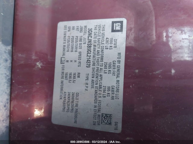 Chevrolet Trax 1ls 2016 3GNCJNSB9GL214379 Image 9