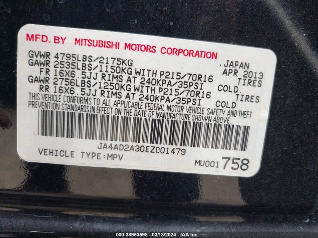 Mitsubishi Outlander Es 2014 JA4AD2A30EZ001479 Image 9