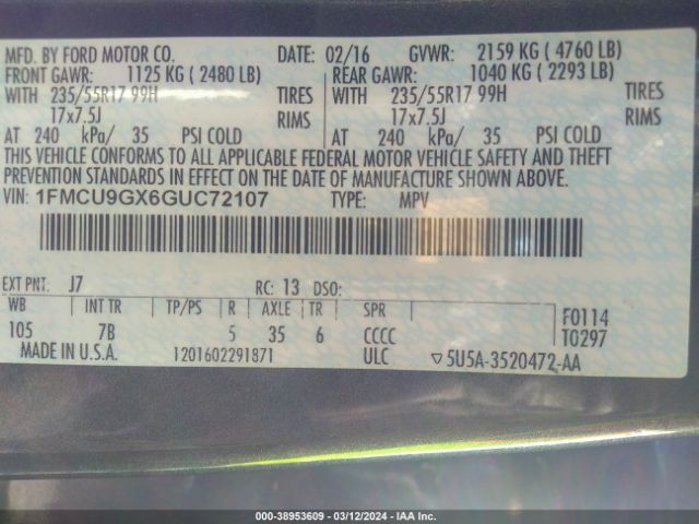 1FMCU9GX6GUC72107 Ford ESCAPE SE