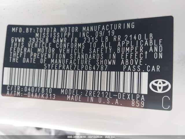 Toyota COROLLA LE 2020 5YFEPRAE7LP064787 Image 9