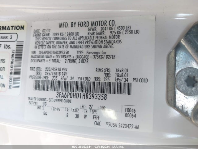 Ford FUSION SE 2017 3FA6P0HD1HR393358 Image 9