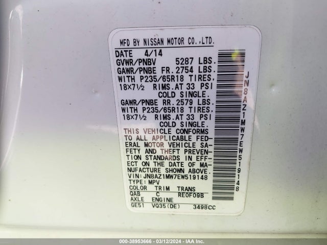 Nissan MURANO SL 2014 JN8AZ1MW7EW519148 Image 9