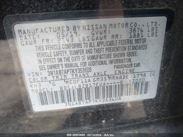 Nissan SENTRA S 2019 3N1AB7AP7KY353608 Image 9