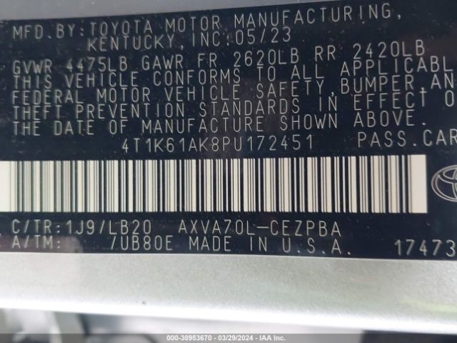 4T1K61AK8PU172451 Toyota CAMRY XSE