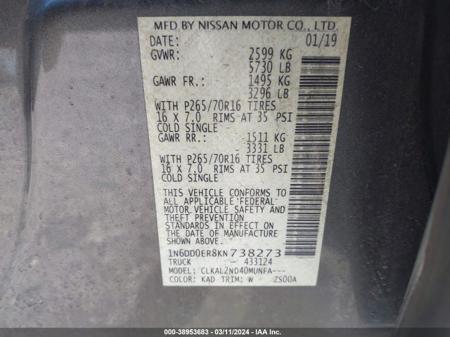 Nissan Frontier Sv 2019 1N6DD0ER8KN738273 Image 9