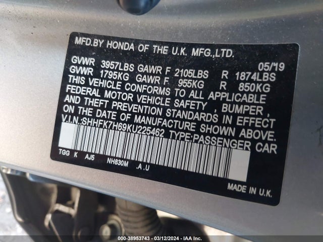 Honda CIVIC EX 2019 SHHFK7H69KU225462 Image 9