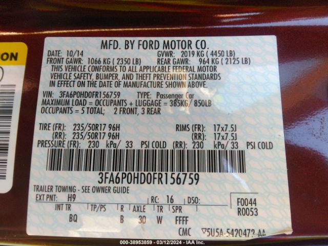 3FA6P0HD0FR156759 Ford FUSION SE