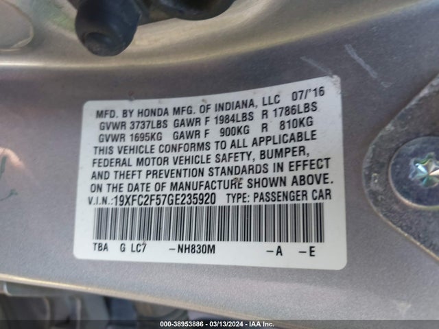 Honda Civic Lx 2016 19XFC2F57GE235920 Image 9