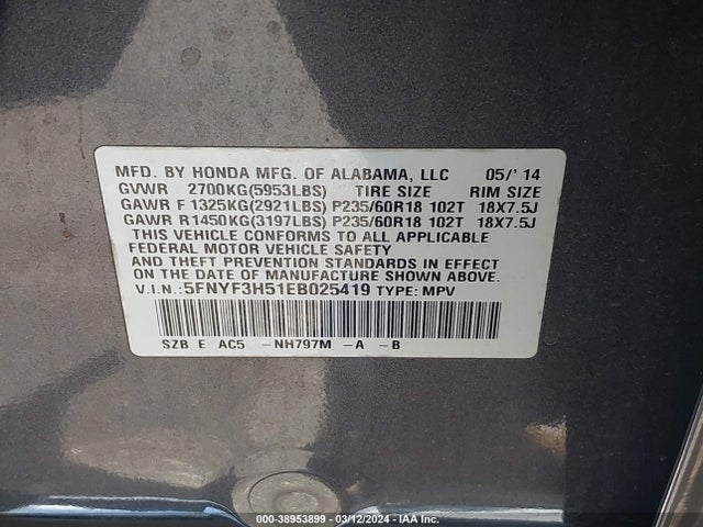 Honda Pilot Ex-l 2014 5FNYF3H51EB025419 Image 9