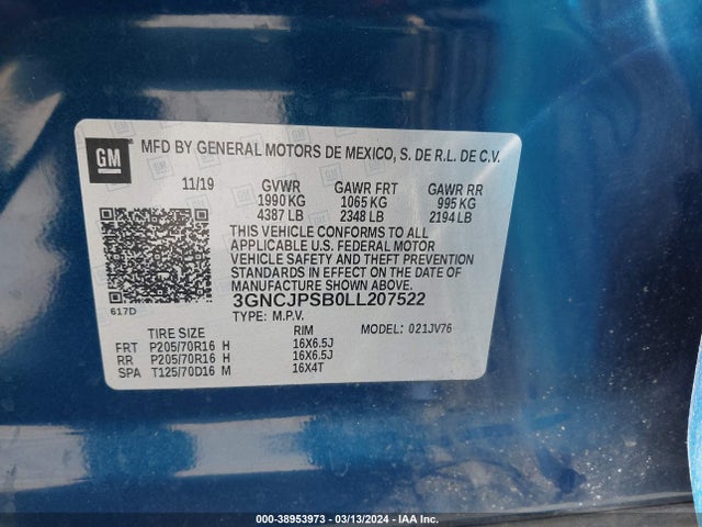 Chevrolet Trax Awd Lt 2020 3GNCJPSB0LL207522 Image 9