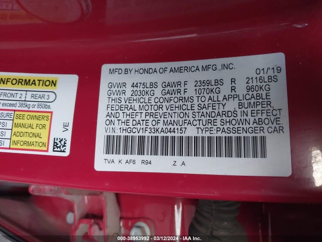 Honda Accord Sport 2019 1HGCV1F33KA044157 Image 9