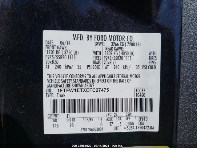 Ford F-150 Platinum 2014 1FTFW1ETXEFC27475 Image 9