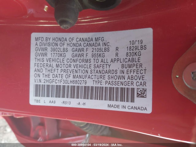 Honda CIVIC EX 2020 2HGFC1F30LH680279 Image 9
