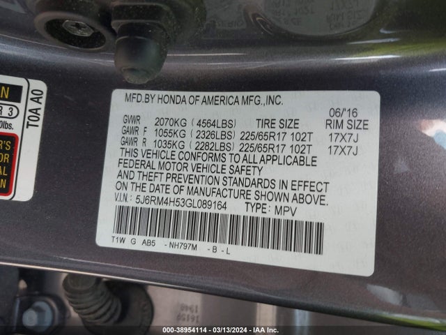 Honda CR-V EX 2016 5J6RM4H53GL089164 Image 9