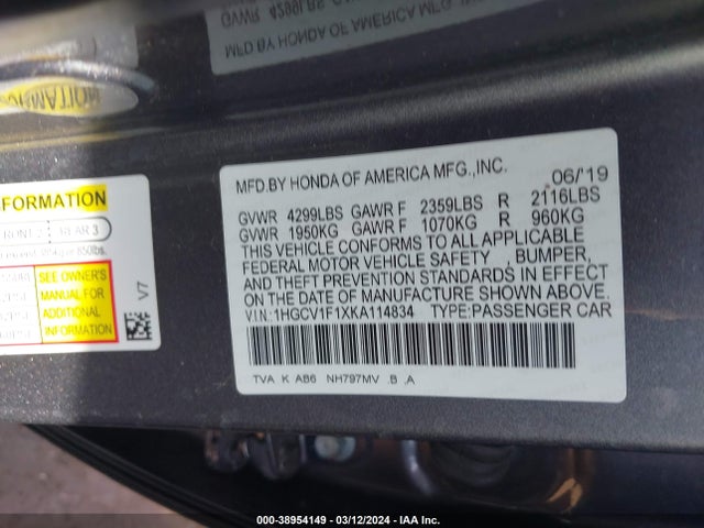 Honda ACCORD LX 2019 1HGCV1F1XKA114834 Image 9