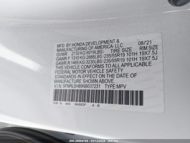 5FNRL6H89NB037231 Honda Odyssey Touring