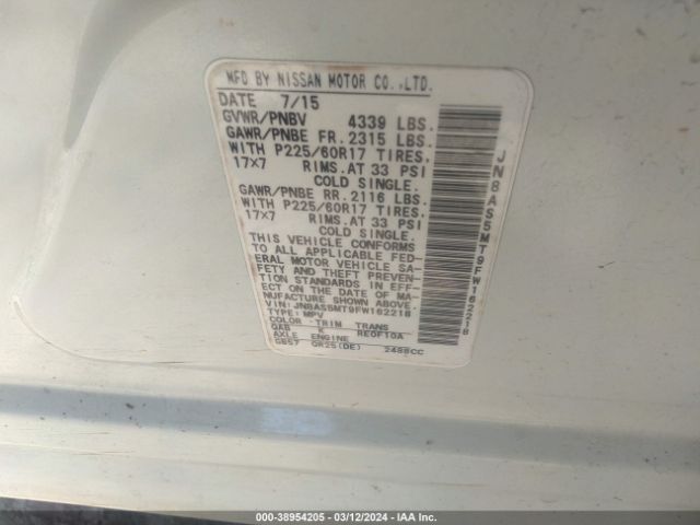 JN8AS5MT9FW162218 Nissan Rogue Select S