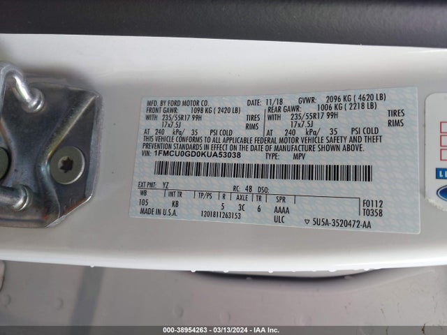 1FMCU0GD0KUA53038 Ford ESCAPE SE