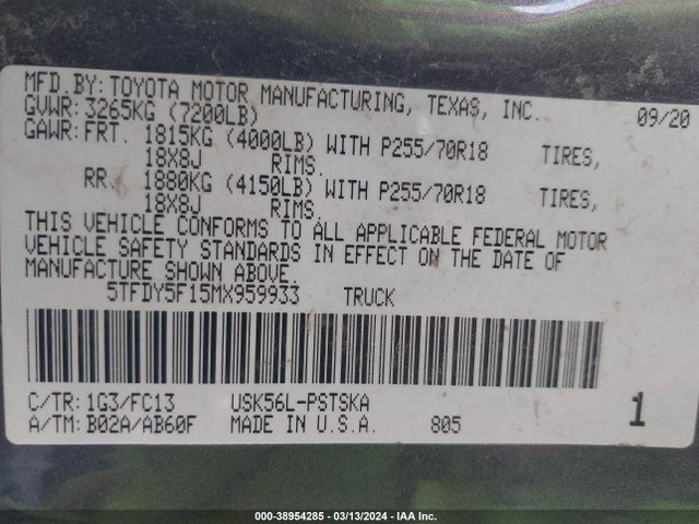 Toyota Tundra Sr5 2021 5TFDY5F15MX959933 Image 9